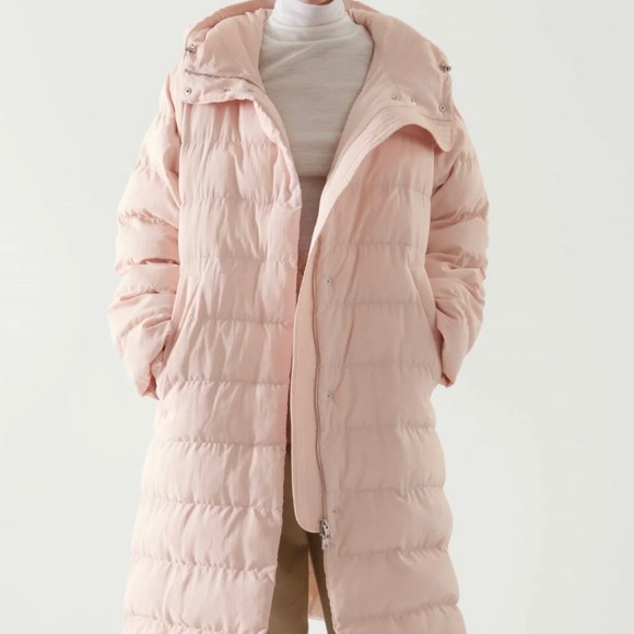 COS FLWRDWN eco puffer long down coat pink hood maxi midi trench Med Large - Picture 2 of 16